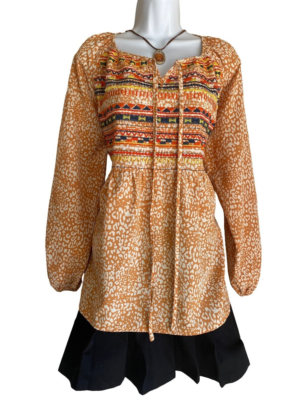 Vintage Size L Boho Peasant Tunic Babydoll Front Embroidered Blouse Festival Top